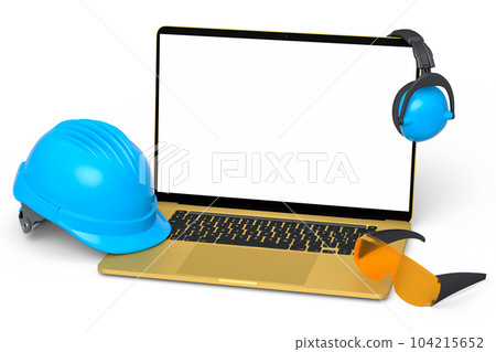 Set of safety helmets or hard caps, headphones and laptop on white background Set of safety helmets or hard caps, headphones and laptop on white background 104215652