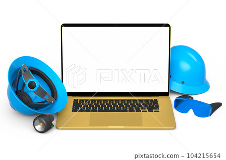 Set of safety helmets or hard caps, goggles and laptop on white background 104215654