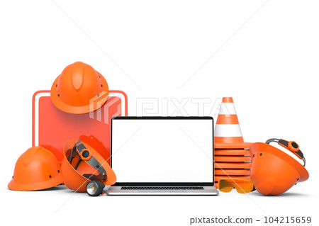 Set of safety helmets or hard hats and traffic cones, road sign on white Set of safety helmets or hard hats and traffic cones, road sign on white 104215659