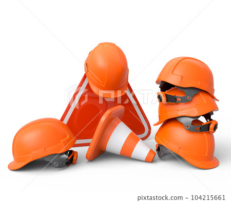 Set of safety helmets or hard hats and traffic cones, road sign on white 104215661