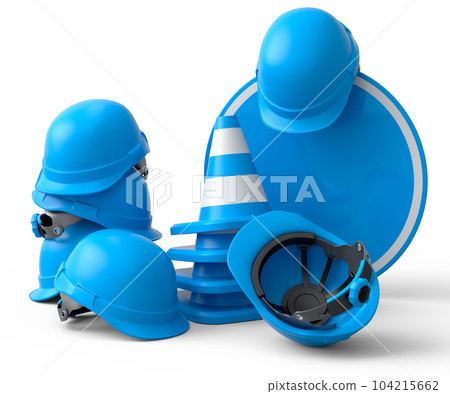 Set of safety helmets or hard hats and traffic cones, road sign on white 104215662