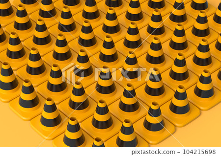 Group of traffic cones for under construction road work in row with hard hat. Group of traffic cones for under construction road work in row with hard hat. 104215698