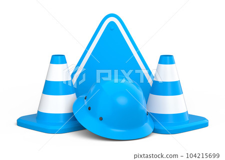 Set of safety helmets or hard hats and traffic cones, road sign on white Set of safety helmets or hard hats and traffic cones, road sign on white 104215699