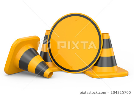 Set of traffic road cones and sign for under construction road work on white Set of traffic road cones and sign for under construction road work on white 104215700