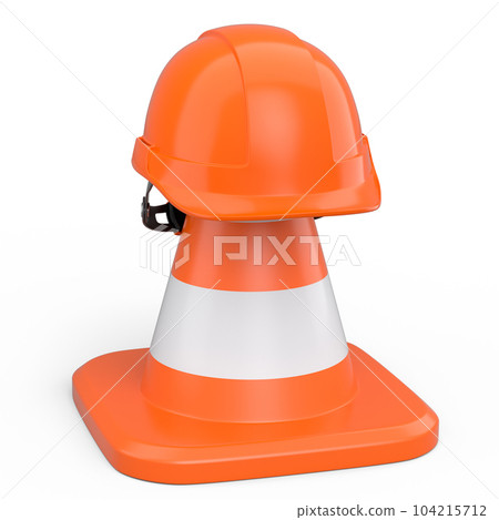 Stack of safety helmets or hard hats and traffic cones on white background Stack of safety helmets or hard hats and traffic cones on white background 104215712