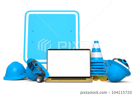 Set of safety helmet or hard hat, road traffic cones and sign near laptop Set of safety helmet or hard hat, road traffic cones and sign near laptop 104215720