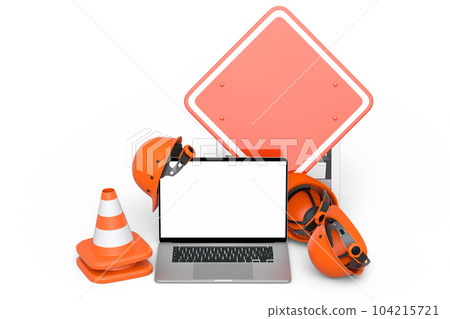 Set of safety helmet or hard hat, road traffic cones and sign near laptop 104215721