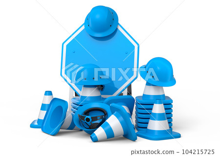 Set of safety helmets or hard hats and traffic cones, road sign on white Set of safety helmets or hard hats and traffic cones, road sign on white 104215725