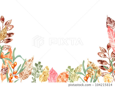 Bright aquarelle imprints of autumn colorful leaves of various trees and sea buckthorn. Illustration isolated on white background. Horizontal watercolor frame with copy space for text 104215814