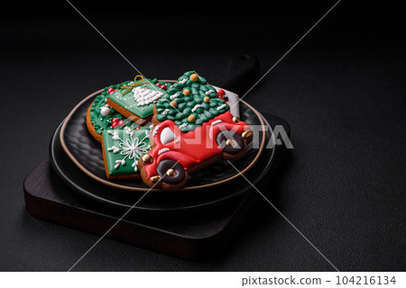 Beautiful Christmas or New Year colorful homemade gingerbread cookies 104216134