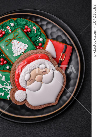 Beautiful Christmas or New Year colorful homemade gingerbread cookies 104216168