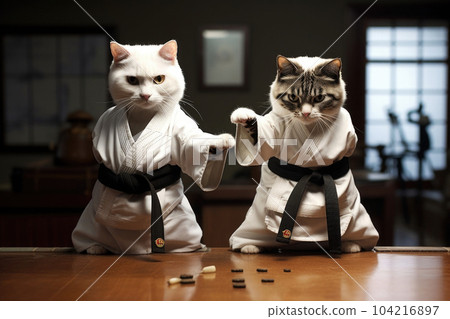 Two cats wearing kimono for martial arts at training. Generative AI 104216897