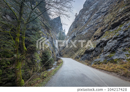 A road leading through a rocky strait. 104217428