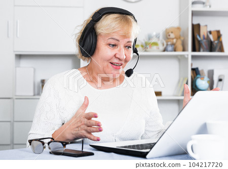 Mature woman communicates via the Internet 104217720