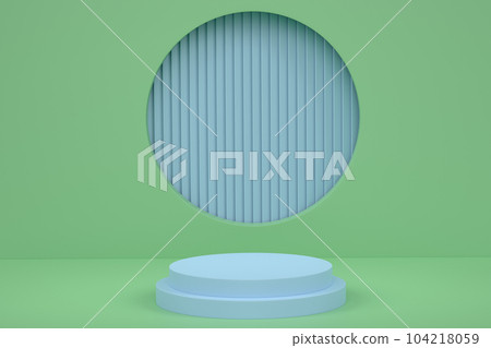 Pastel green cylinder podium with steps on blue background. 3d render of abstract realistic geometric pedestal or platform on backdrop for product display presentation. Minimal scene. 104218059