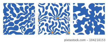 Matisse Blue Aesthetic Pattern Set. Abstract Groovy Flowers and Leaves in Hippie 1970 style. Naive Vector Illustration in Blue and Orange Colors. Backgrounds for T-Shirts, Wallpaper, Case Phone. Matisse Blue Aesthetic Pattern Set. Abstract Groovy Flowers and Leaves in Hippie 1970 style. Naive Vector Illustration in Blue and Orange Colors. Backgrounds for T-Shirts, Wallpaper, Case Phone. 104218153