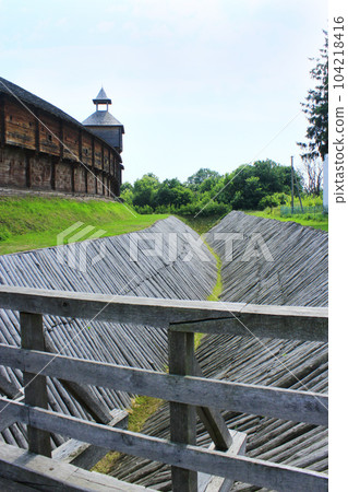 Baturyn Citadel with protective ditch. Ancient Slavonic architecture of fortress 104218416