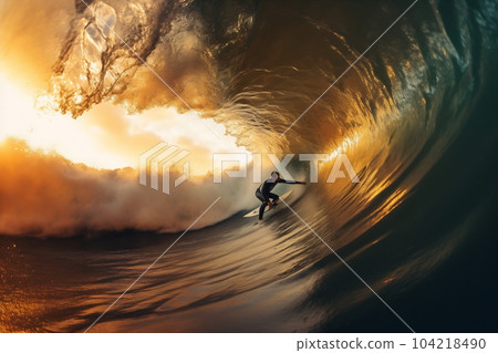 Big wave surfer in a perfect barrel 104218490