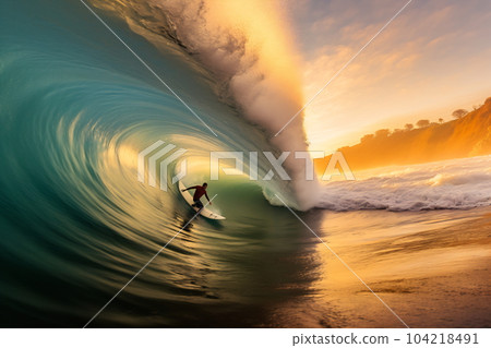 Big wave surfer in a perfect barrel 104218491