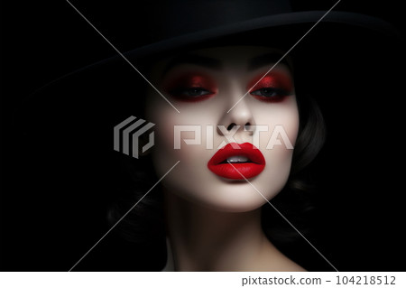 Beautiful woman in a black broad-brim hat with red lips 104218512