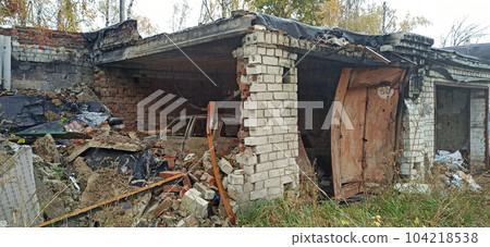 Russian-Ukrainian War. Destroyed buildings and cars during war Russian-Ukrainian War. Destroyed buildings and cars during war 104218538