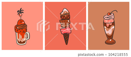 Hand drawn vector abstract cartoon ice creram cone ,sundae line art illustration set .Ice cream dessert vector illustration design concept. Sweed gelatos,ice dessert cute doodle illustration isolated. 104218555
