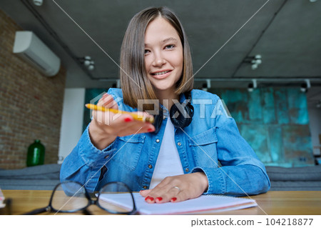 Close-up webcam view of face female university student 104218877