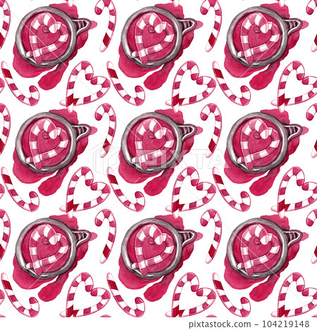 A cup with a drink and a decor in the form of a heart of two Christmas candies. Isolated watercolor illustration of a pink cup with a spilled drink. Seamless pattern. Ideal for decorating cafes 104219148
