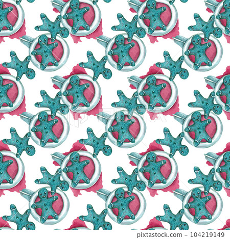 Gingerbread in the form of a green man and a hot drink in a mug. Seamless holiday pattern for your design. Perfect for greeting cards, menus, wallpaper decor and textiles Gingerbread in the form of a green man and a hot drink in a mug. Seamless holiday pattern for your design. Perfect for greeting cards, menus, wallpaper decor and textiles 104219149