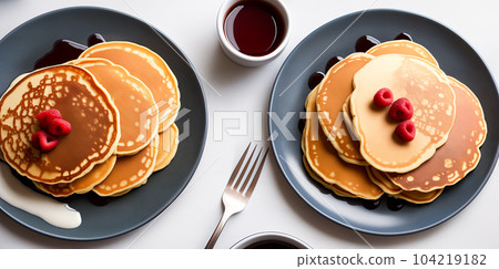 Homemade American pancakes with honey, caramel sauce or syrup with fresh blueberries, raspberries and strawberries on a plate on the table. Summer breakfast concept. Close up, top view. Generative AI. 104219182