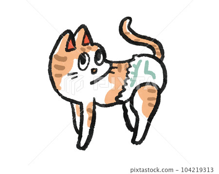 Handwritten watercolor style illustration of a cat wearing a diaper 104219313