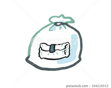 Watercolor hand drawn style illustration of a used diaper in a bag 104219315