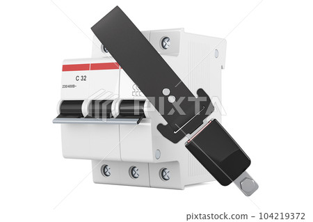 Three-pole miniature circuit breaker with safety belt, 3D rendering Three-pole miniature circuit breaker with safety belt, 3D rendering 104219372