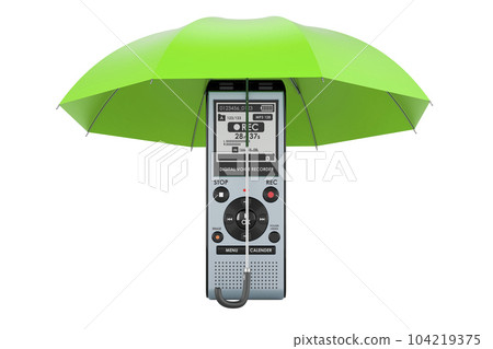 Digital voice recorder under umbrella, 3D rendering Digital voice recorder under umbrella, 3D rendering 104219375
