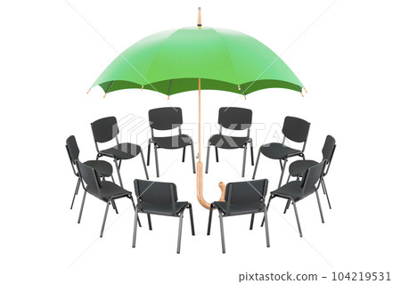 Umbrella with chairs in a circle, 3D rendering Umbrella with chairs in a circle, 3D rendering 104219531