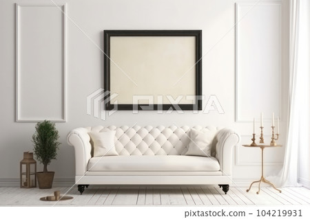 Minimalist design and natural light highlight this cozy living room with a comfortable white couch, perfect for relaxation and comfort. AI Generative. 104219931