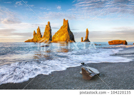 Breathtaking view of rock formations Troll Toes on Black beach Reynisfjara near the village of Vik. 104220135