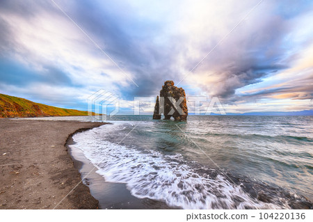 Breathtaking view of Hvitserkur unique basalt rock in Iceland. 104220136