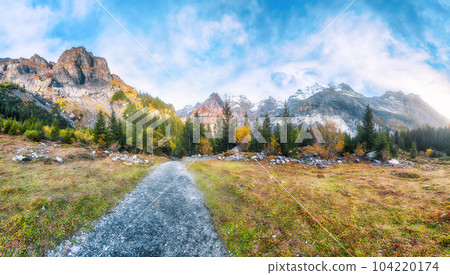 Incredible autumn view of Oeschinen valley and Bluemlisalp summit. Incredible autumn view of Oeschinen valley and Bluemlisalp summit. 104220174