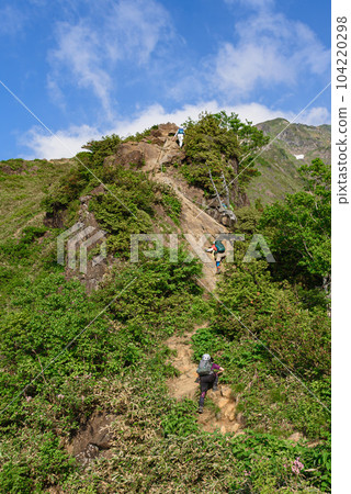 Climbers climbing the chains on Tanigawadake and Nishiguro Ridge in early summer 104220298