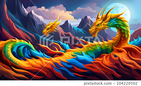 Dragons fantasy lanscape background - Generative AI Dragons fantasy lanscape background - Generative AI 104220502
