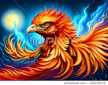 Colorful phoenix bird head, symbol of rebirth - Generative AI 104220533