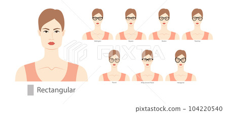 Set of types of glasses for Women rectangular type faces fashion accessory illustration. Sunglass front view unisex 104220540