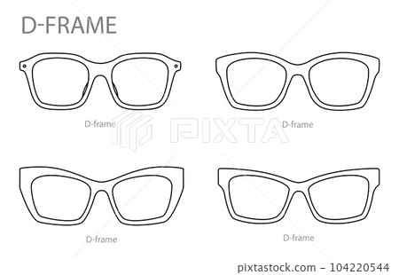 Set of D-frame frame glasses fashion accessory illustration. Sunglass front view for Men, women, unisex silhouette Set of D-frame frame glasses fashion accessory illustration. Sunglass front view for Men, women, unisex silhouette 104220544