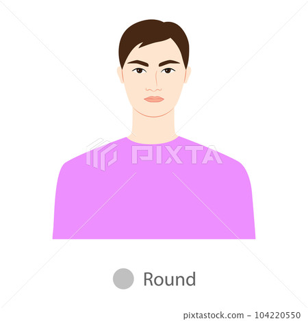 Men face round shape type with text diagram. Male Vector illustration in cartoon style in the magenta shirt 9 head size Men face round shape type with text diagram. Male Vector illustration in cartoon style in the magenta shirt 9 head size 104220550