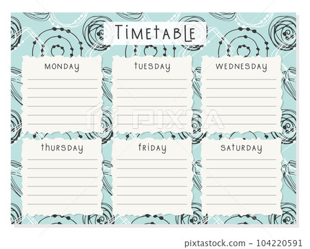 Back to School Timetable abstract doodle hand drawn. Classroom timetable lines. Plan note education. Planner, table class, template. Back to School Timetable abstract doodle hand drawn. Classroom timetable lines. Plan note education. Planner, table class, template. 104220591