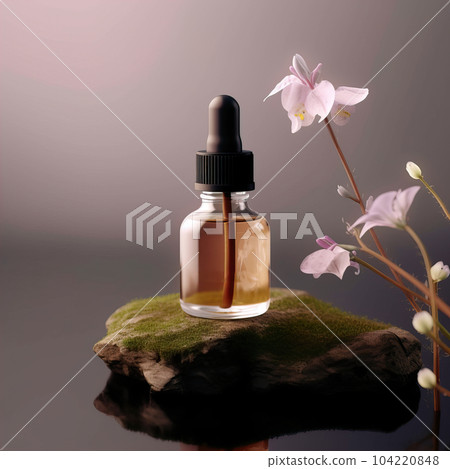 Dropper bottle styled mockup, cosmetic serum oil container template on botanical background with wood and plants, beauty product design-ready packaging Dropper bottle styled mockup, cosmetic serum oil container template on botanical background with wood and plants, beauty product design-ready packaging 104220848