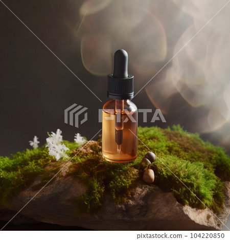 Dropper bottle styled mockup, cosmetic serum oil container template on botanical background with wood and plants, beauty product design-ready packaging Dropper bottle styled mockup, cosmetic serum oil container template on botanical background with wood and plants, beauty product design-ready packaging 104220850