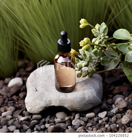 Dropper bottle styled mockup, cosmetic serum oil container template on botanical background with wood and plants, beauty product design-ready packaging Dropper bottle styled mockup, cosmetic serum oil container template on botanical background with wood and plants, beauty product design-ready packaging 104220852