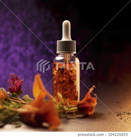 Dropper bottle styled mockup, cosmetic serum oil container template on botanical background with wood and plants, beauty product design-ready packaging Dropper bottle styled mockup, cosmetic serum oil container template on botanical background with wood and plants, beauty product design-ready packaging 104220855